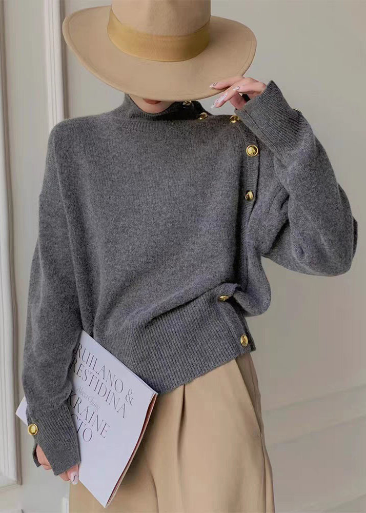 Grey Turtleneck Button Side Open Knit Sweater Winter