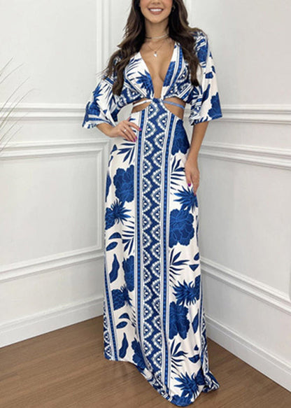 Orange V Neck Print Hollow Out Cotton Dresses Batwing Sleeve