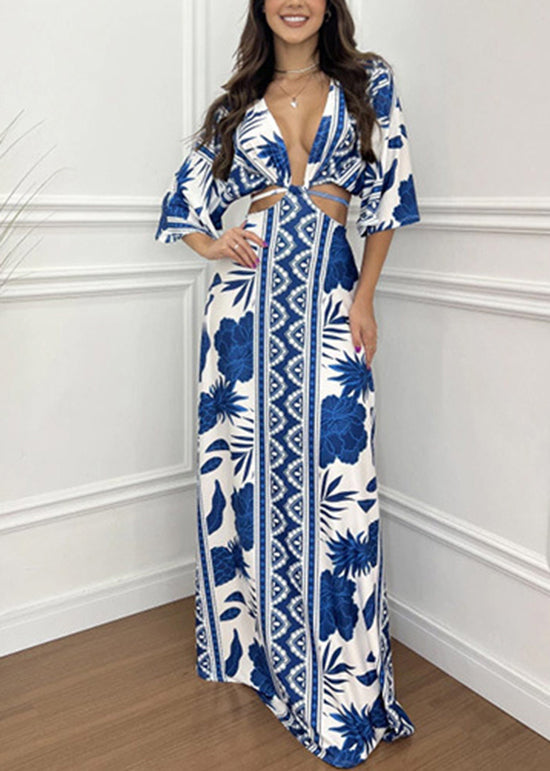 Orange V Neck Print Hollow Out Cotton Dresses Batwing Sleeve