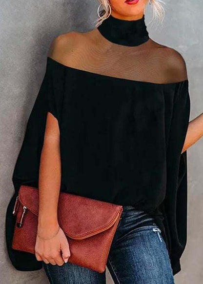 Loose Black Turtleneck Tulle Patchwork T Shirts Batwing Sleeve