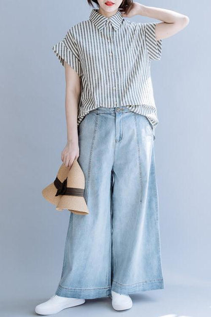 Gray Striped Cotton Linen Blouse Summer Tops