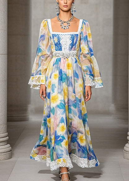 Square Collar Print Chiffon Full Dresses Fall