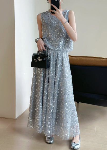 New Grey Lace Up Sequins Tops and Skirts Two Pieces Set Sleeveless