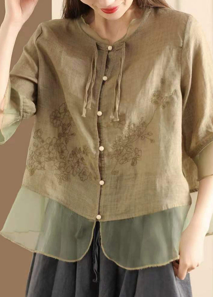 Blue Embroidered Tulle Patchwork Linen Shirt Summer