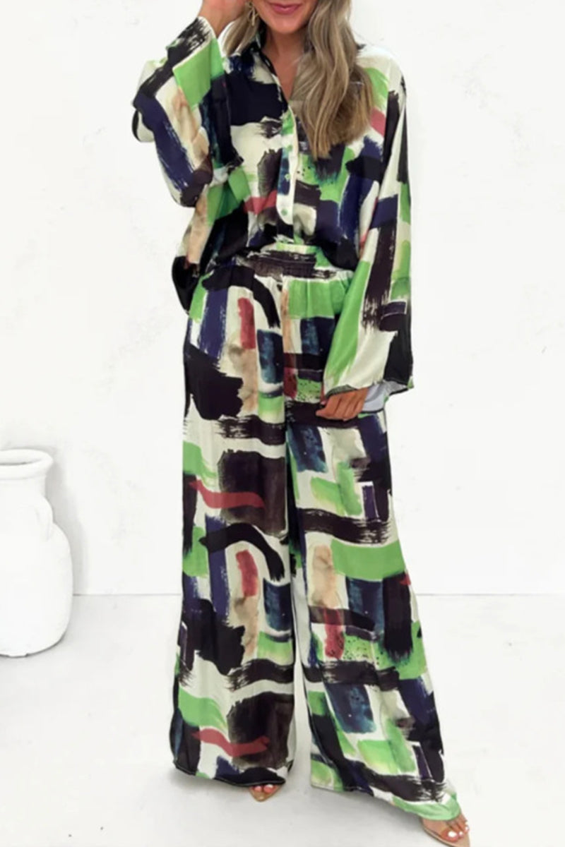College Geometric Print Contrast Turndown Collar Long Sleeve Two Pieces