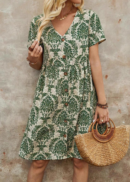 Stylish Green V Neck Print Button Cotton Mid Dresses Summer