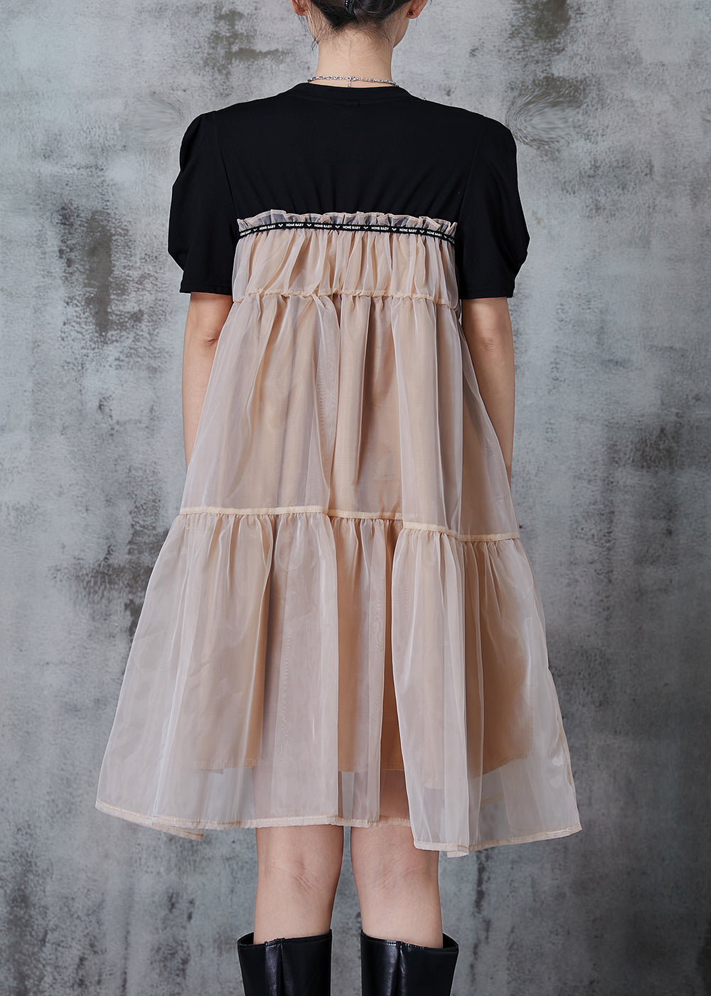 Khaki Oversized Patchwork Tulle Tea Dress Summer