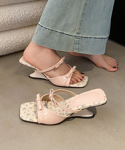 French Red Bow Splicing Faux Leather Wedge Slide Sandals