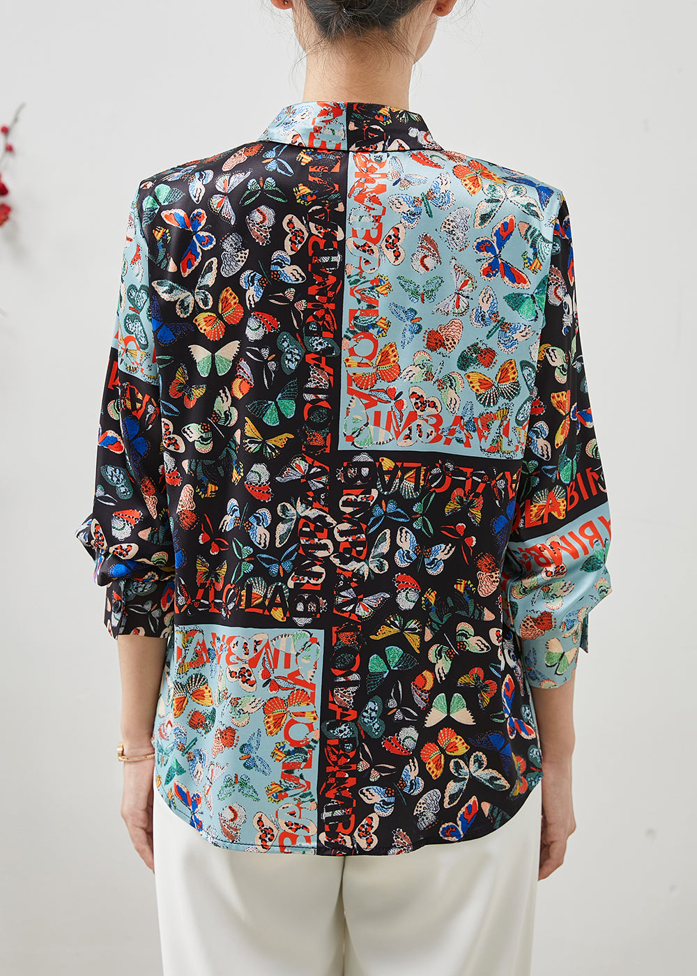 Black Peter Pan Collar Butterfly Silk Shirts Summer