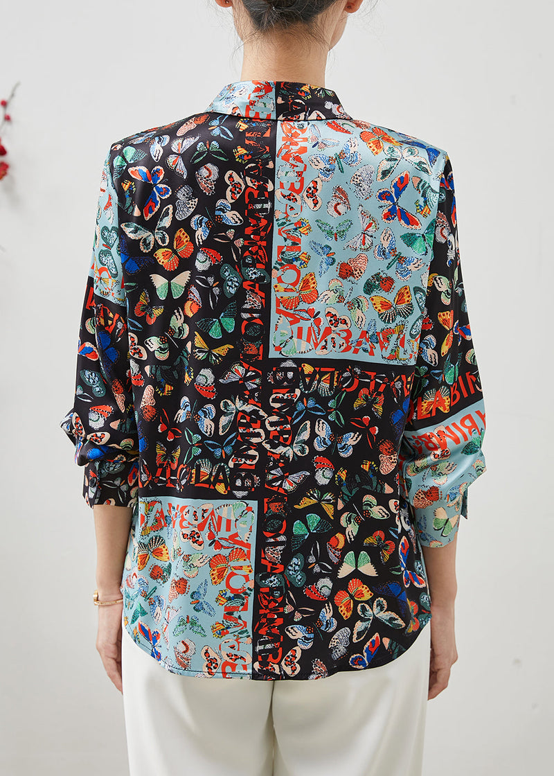 Black Peter Pan Collar Butterfly Silk Shirts Summer