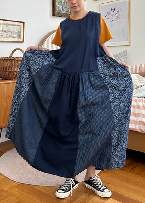 Navy Pockets Patchwork Cotton Tank Dresses Sleeveless
