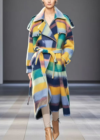 Boutique Multicolor Tie Waist Warm Woolen Trench Fall