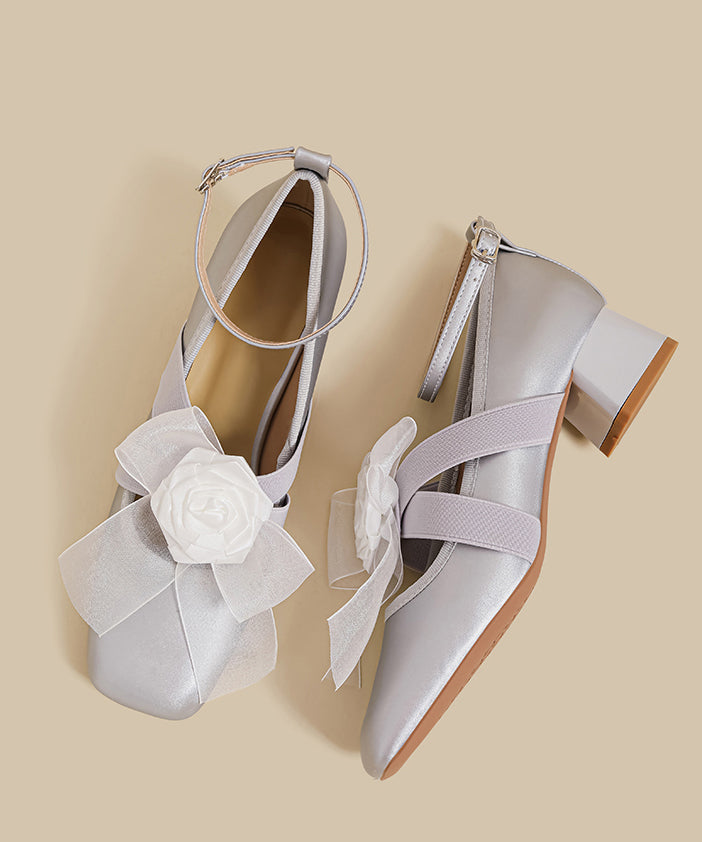 French Splicing Chunky High Heels Champagne Satin