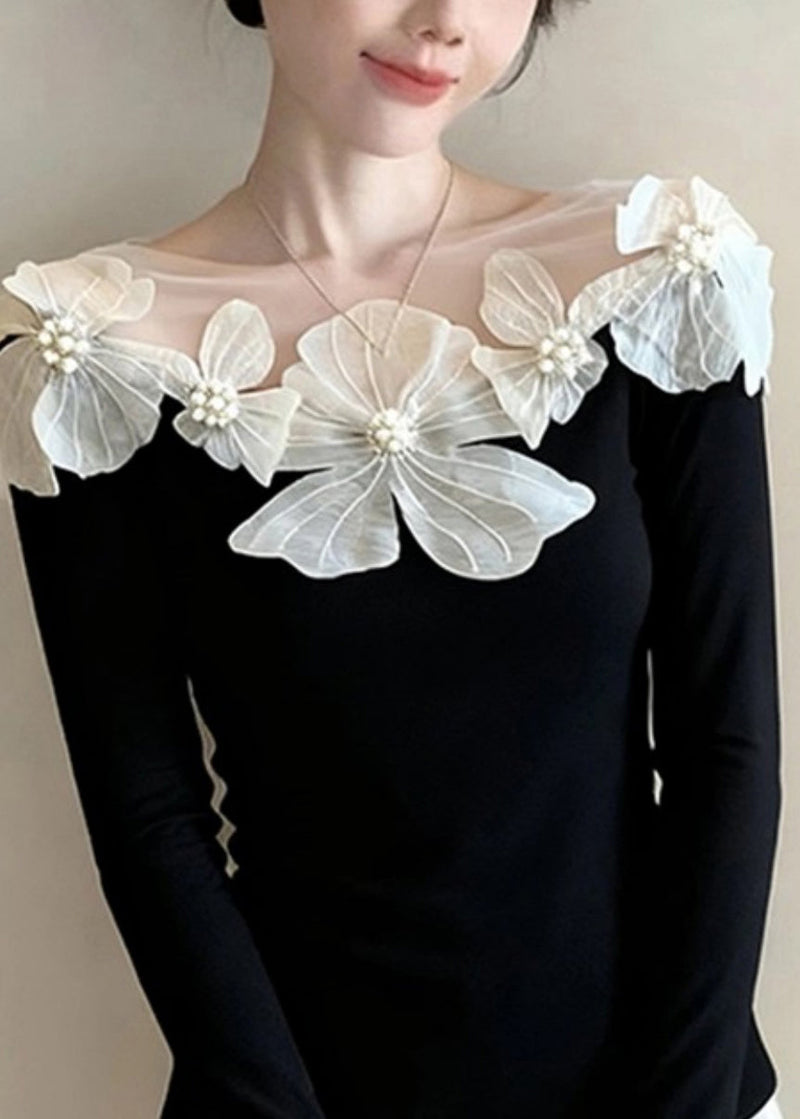 Stylish Black Slash Neck Nail Bead Knit Tops Spring