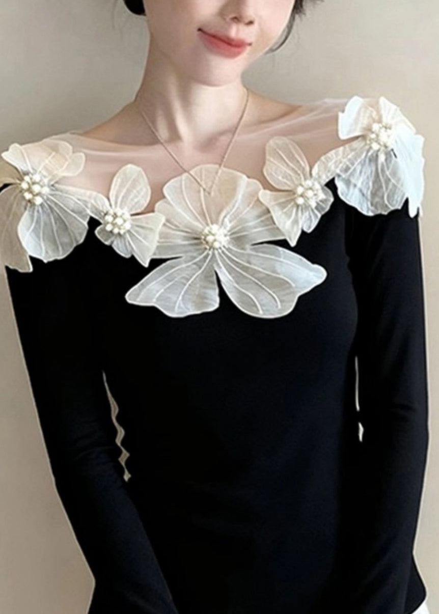 Stylish Black Slash Neck Nail Bead Knit Tops Spring