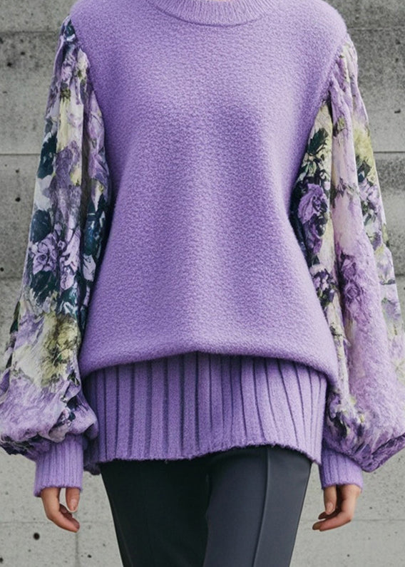 Purple Oversized Patchwork Print Knitted Tops Lantern Sleeve