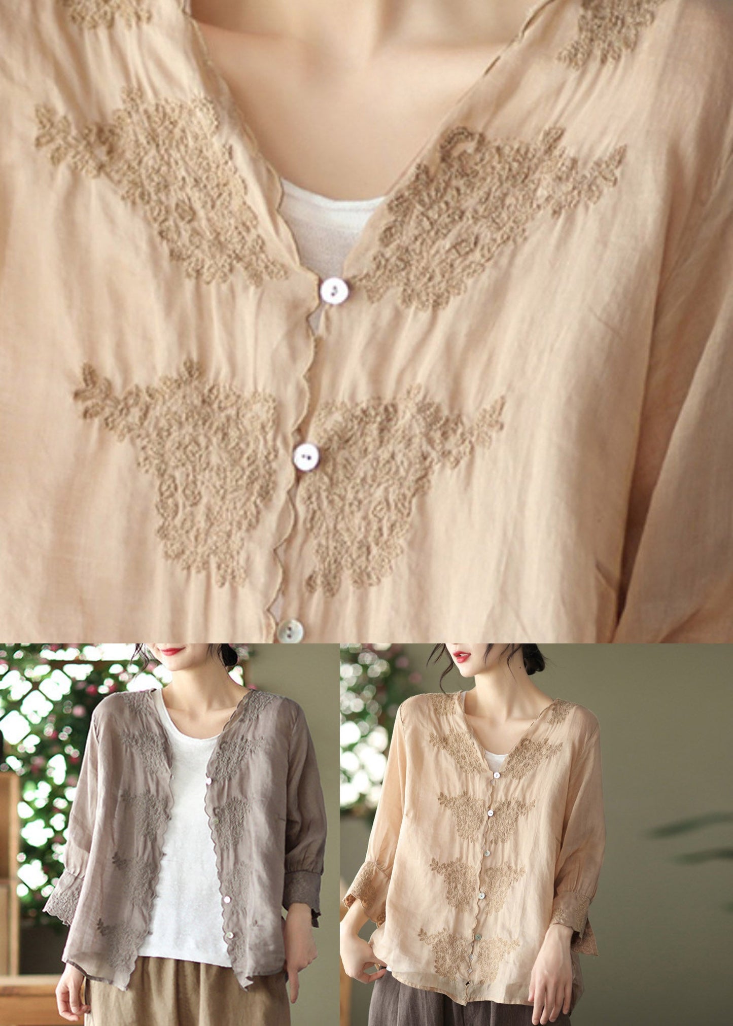 Khaki V Neck Embroidered Linen Shirt Long Sleeve