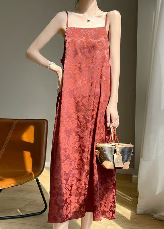 Red Print Pockets Silk Spaghetti Strap Dress Sleeveless