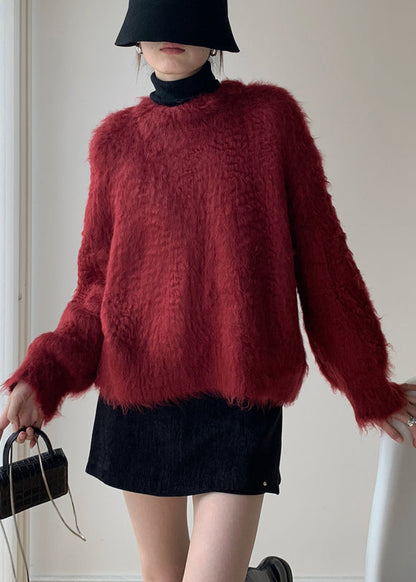 Loose Red Fluffy Knit Sweater Winter