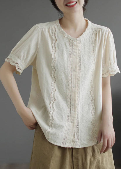 Simple Apricot O-neck Lace Patchwork Cotton Shirt Top Summer