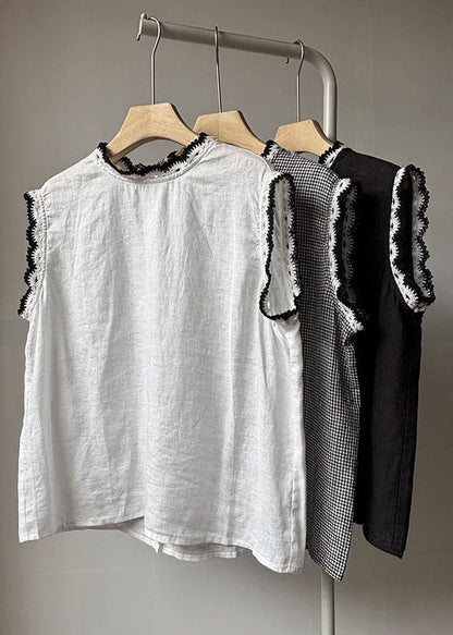 Back Button Down Patchwork Lace Linen Tops Sleeveless