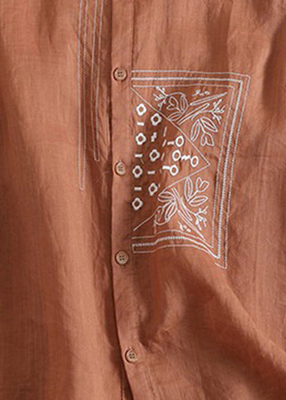 Orange Peter Pan Collar Print Button Linen Shirts Short Sleeve