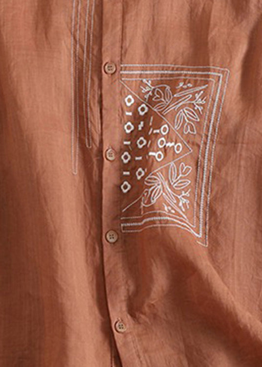 Orange Peter Pan Collar Print Button Linen Shirts Short Sleeve