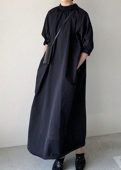 Navy Back Zippered Cotton Maxi Dress Half Sleeve
