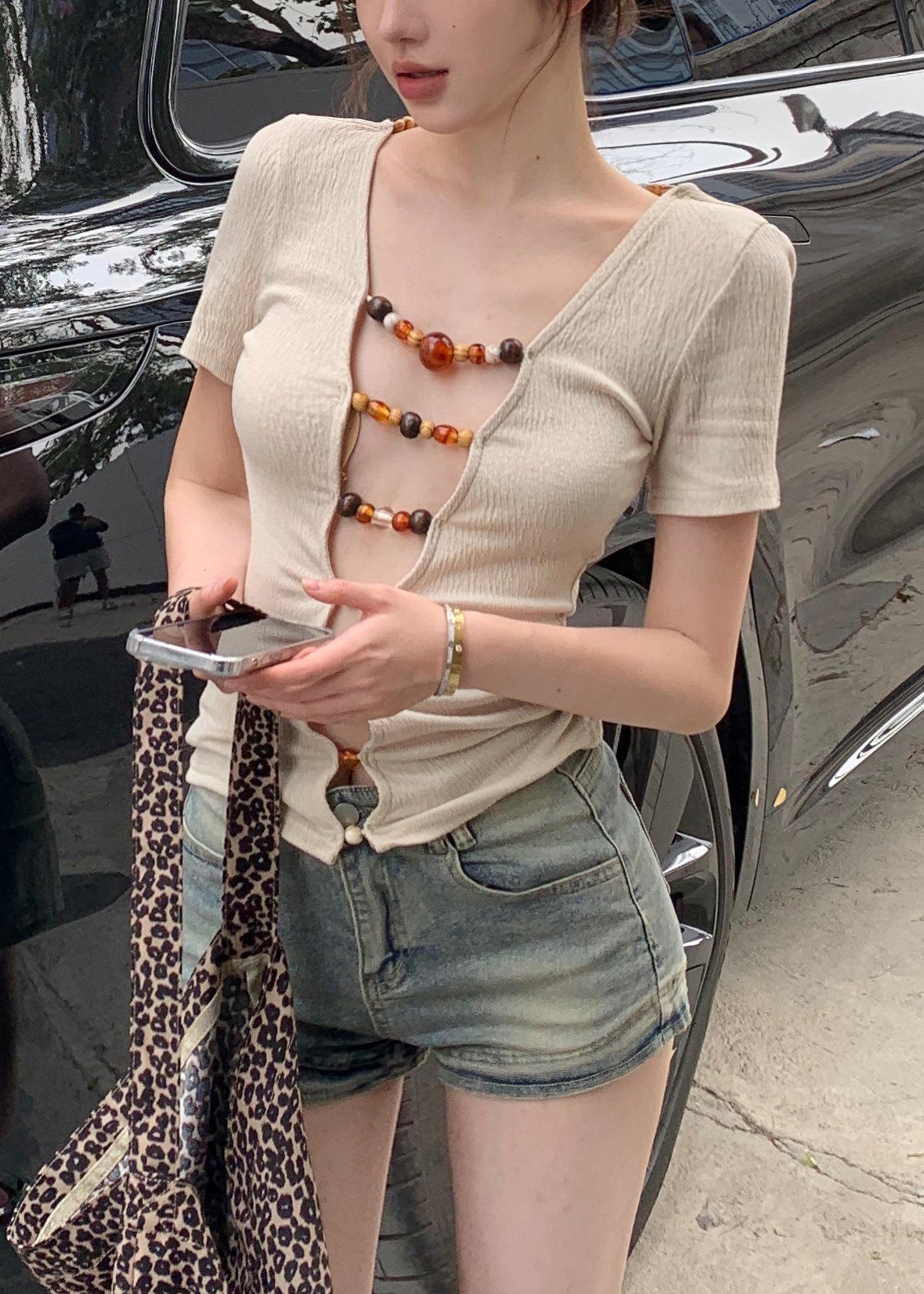 Apricot Wear on Both Sides Beadingpatchwork Cotton T Shirts Slash Neck