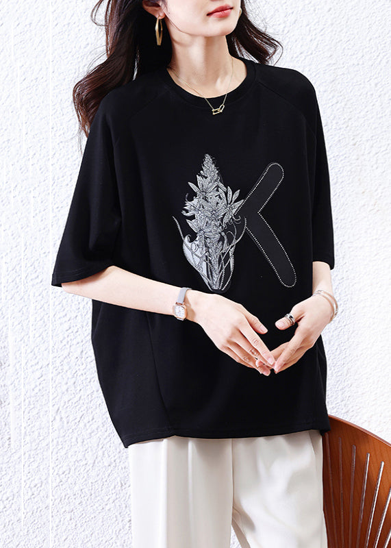 Loose Black O-neck Print Cotton T Shirt Half Sleeve