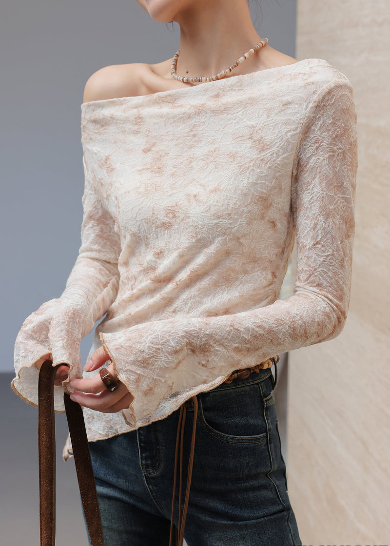 Brown Asymmetrical Jacquard Cotton Top Flare Sleeve