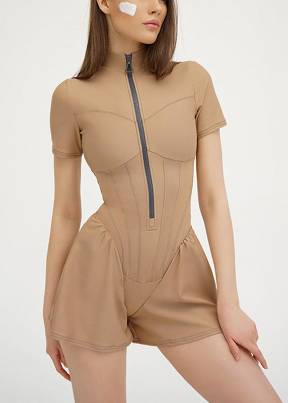 Modern White Stand Collar Zippered Bodysuit Tops