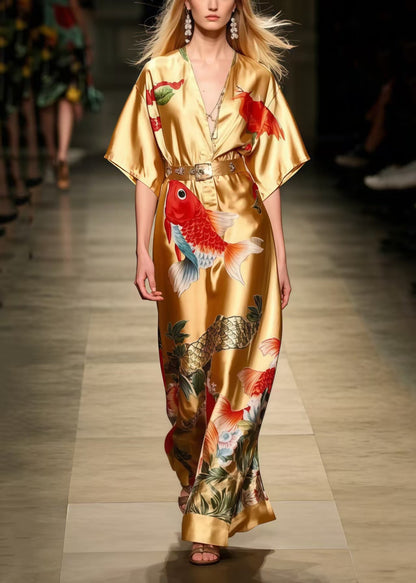 Golden Koi Fish Print Silk Tunic Dress Summer