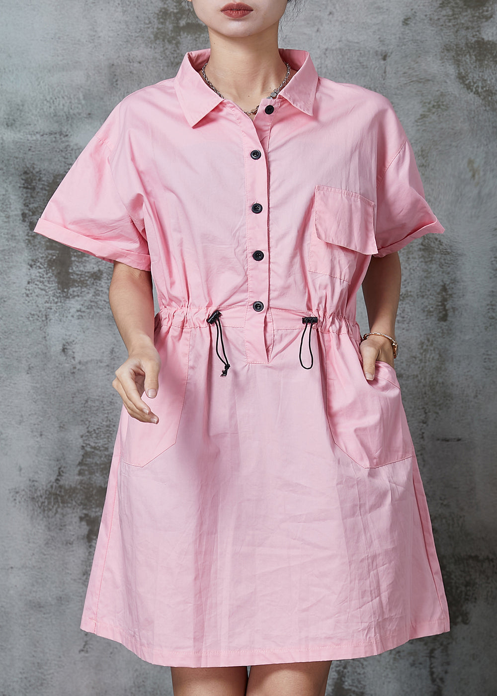 Pink Cinched Cotton Vacation Dress Summer