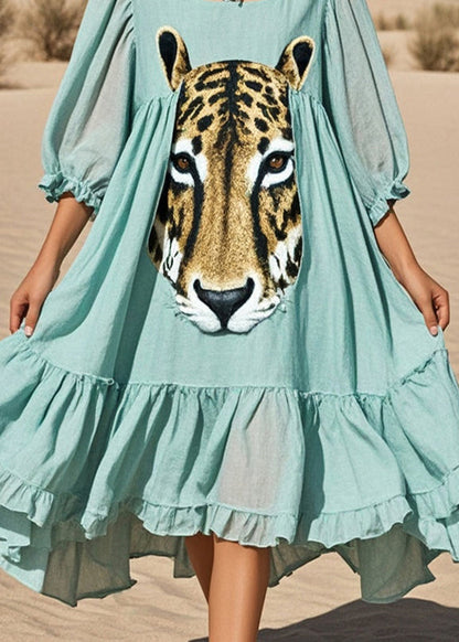 Lake Green Oversized Print Cotton Long Dresses Summer