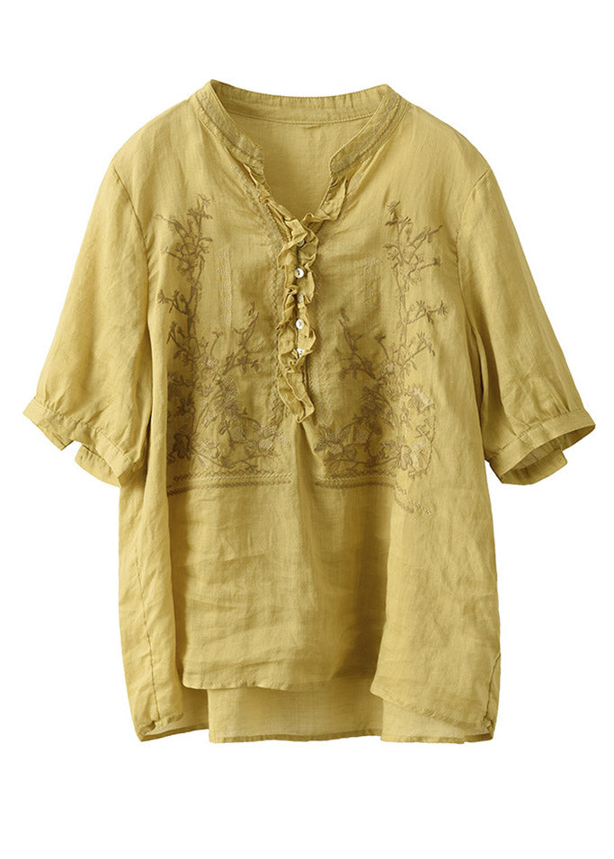 Yellow V Neck Embroidered Linen T Shirt Short Sleeve