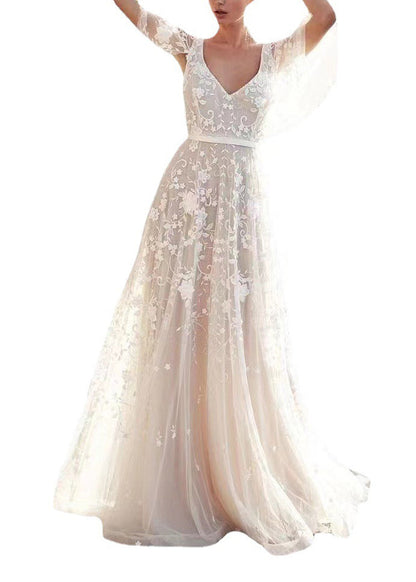 Stylish White V Neck Backless Lace Dresses Summer