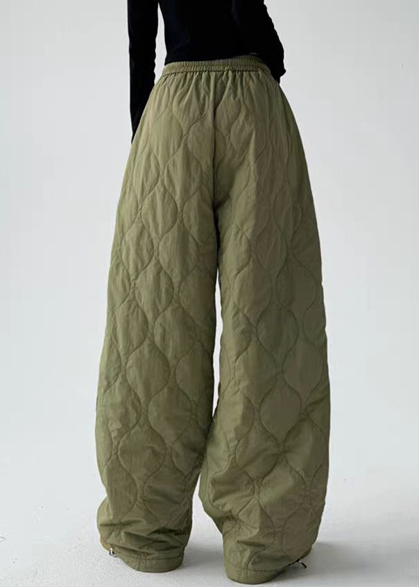 Army Green Pockets Elastic Waist Cotton Filled Pants Winter