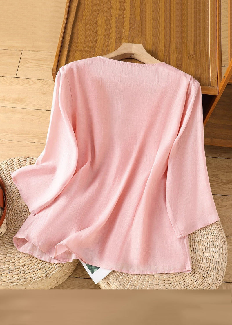 Loose Pink Embroidered Linen T Shirt Bracelet Sleeve