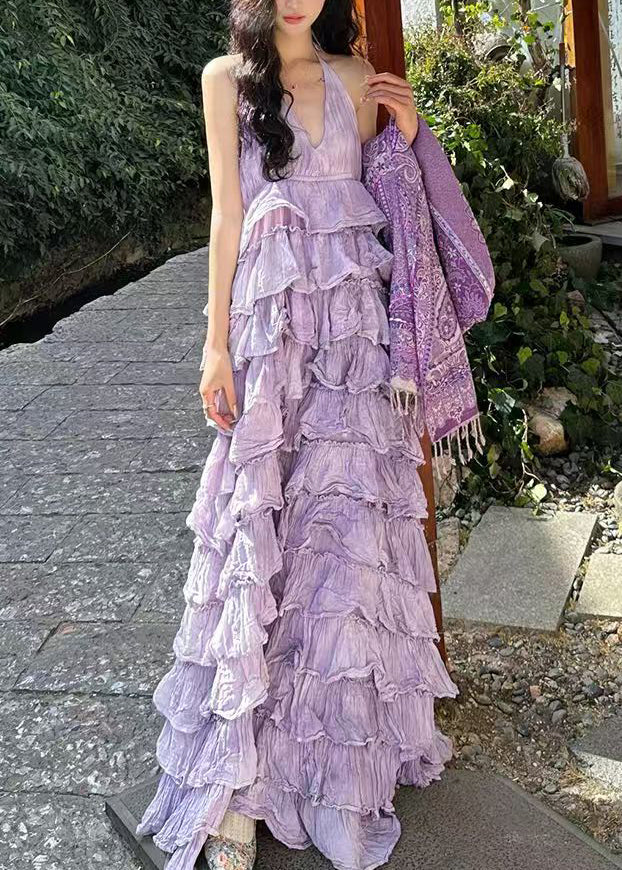 Purple V Neck Backless Cotton Maxi Dresses Sleeveless
