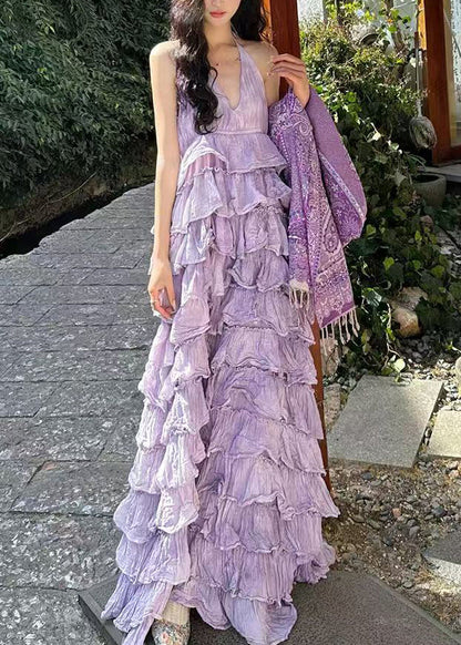 Purple V Neck Backless Cotton Maxi Dresses Sleeveless