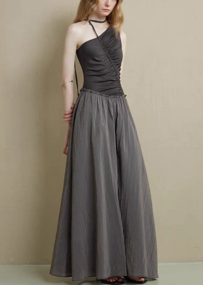 Fine Black Asymmetrical Ruffled Knitting Cotton Patchwork Long Dress Sleeveless