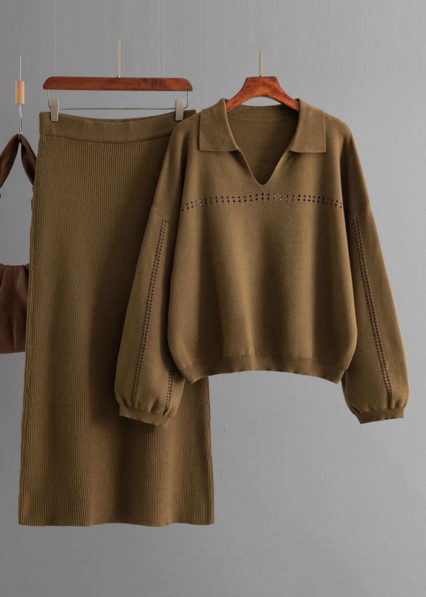 New Brown Hollow Out Tops and Skirts Knit Two Pieces Set Spring