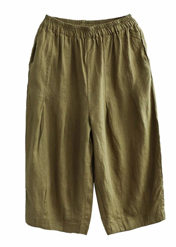 Army Green Pockets Elastic Waist Cozy Linen Wide Leg Pants Summer