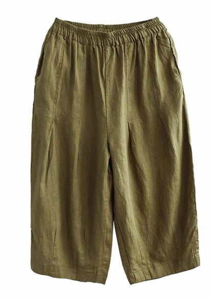 Army Green Pockets Elastic Waist Cozy Linen Wide Leg Pants Summer