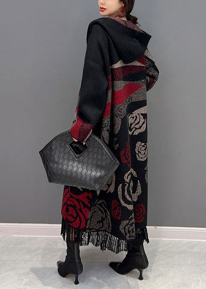 Black Hooded Rose Print Loose Knit Cardigans Spring