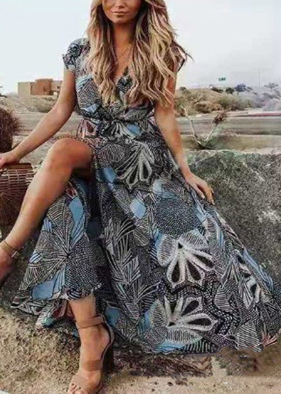 Red V Neck Print Side Open Cotton Long Dress Summer