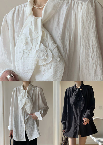 Black Button Loose Cotton Fall Shirt Bow