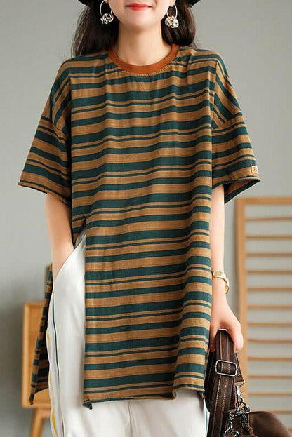 Cotton Stripes Split Hem O Neck T-shirt