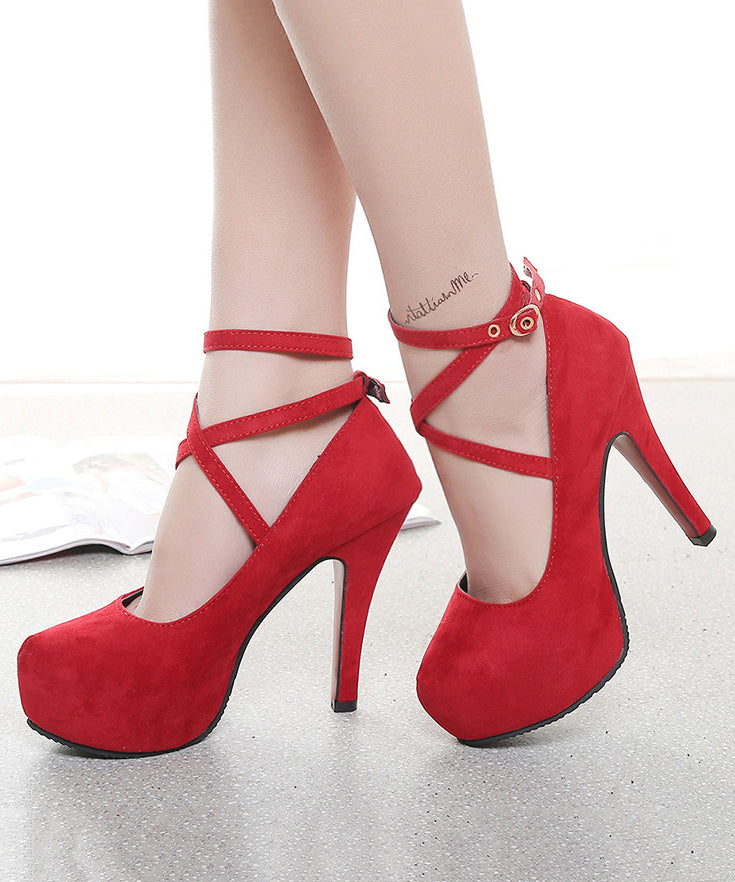 Black High Heels Stiletto Suede Boutique Splicing Buckle Strap